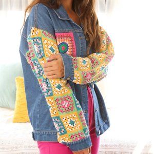 FANTASTIC FAWN Washed Color Block Denim & Crochet Jacket
